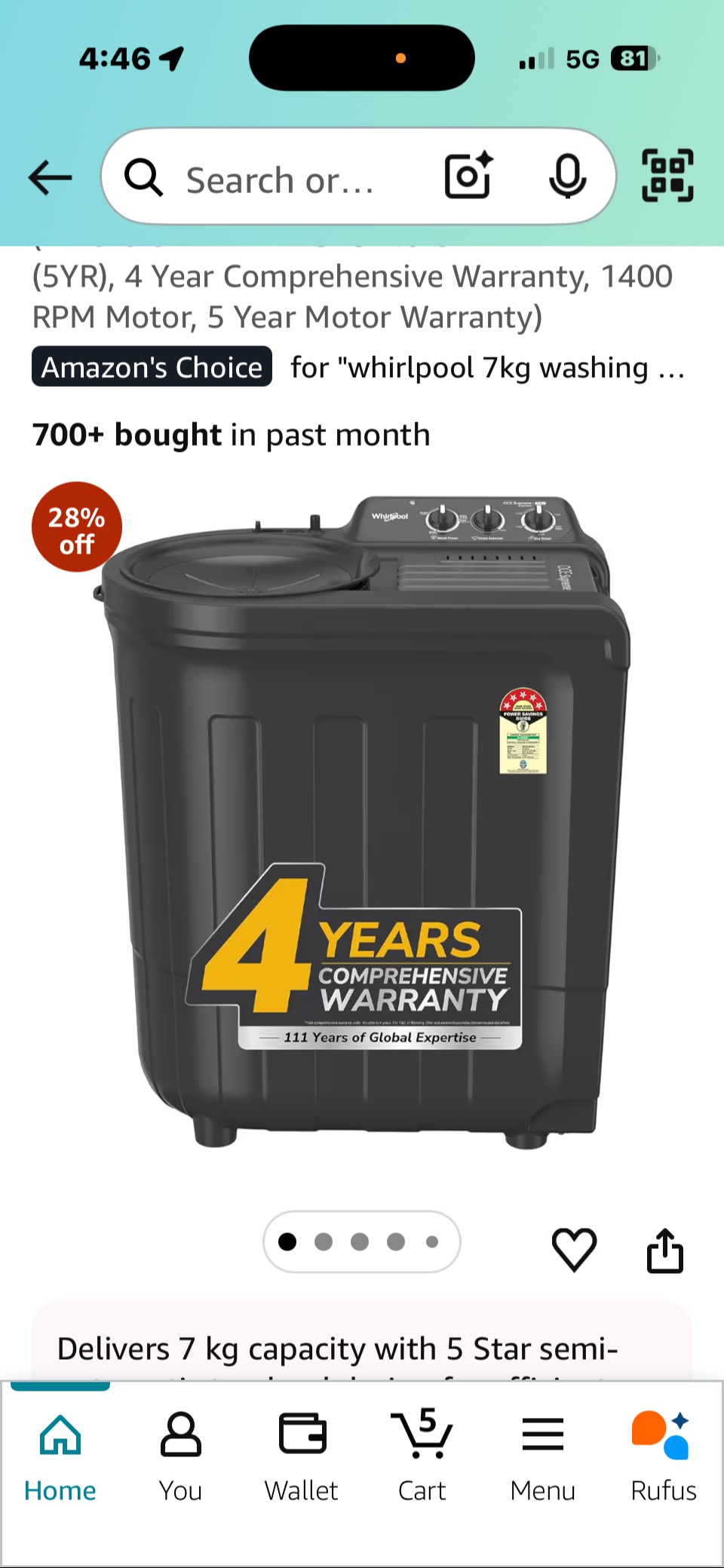Whirlpool 7 kg semi-automatic washing machine in Faridkot — compact design with a user-friendly control panel and energy-effi