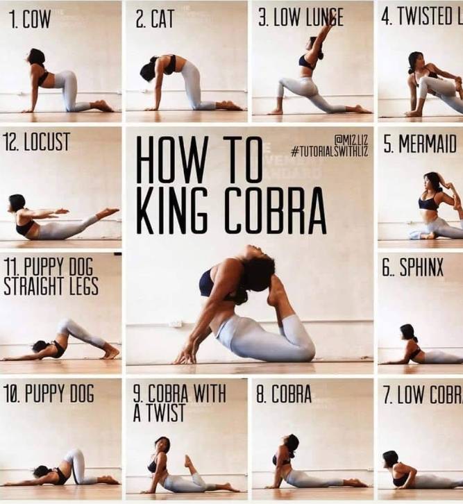 Detailed guide for mastering the King Cobra pose, designed to relieve back pain, featuring Yoga Poses - Backward Bend Advance