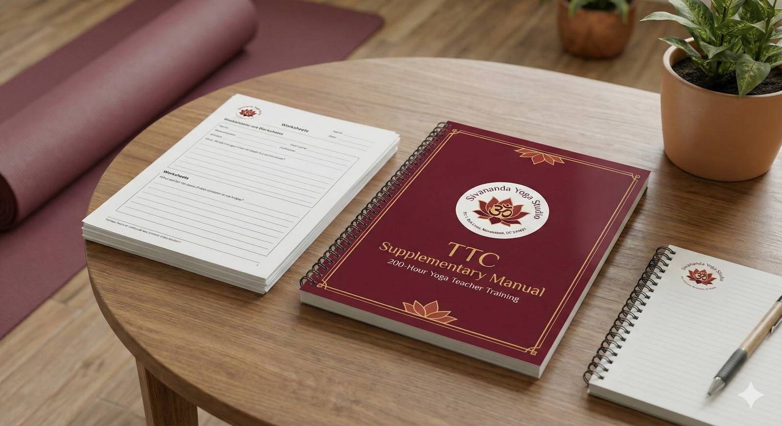 TTC Supplementary Manual: Yoga Teacher Training in Civil Lines, Comprehensive Guide displayed on a table with yoga props in M