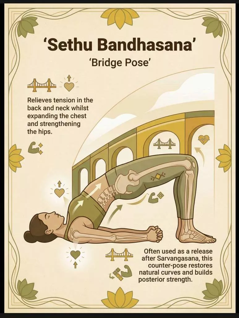 Yoga Pose Poster featuring Sethu Bandhasana for backpain relief, showcasing detailed instructions and illustrations — Yoga Po