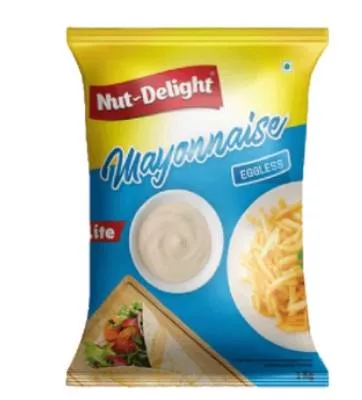 Velvety eggless mayonnaise jar with a creamy texture, labeled Mayonnaise/Nut-Delight in Alibag, ready to enhance meals.