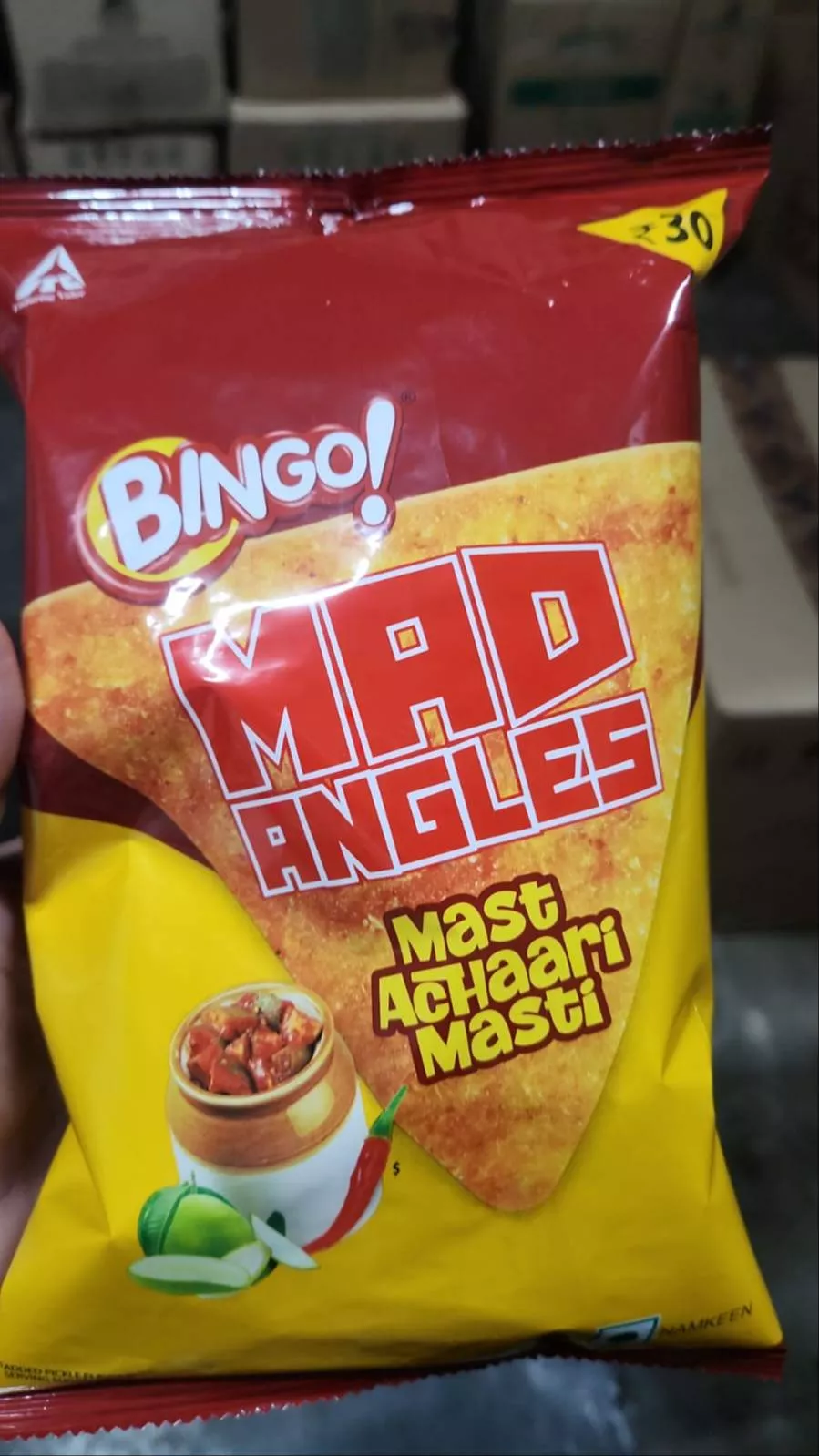 Bingo! Mad Angles Achaari Flavor chips in a vibrant package showing the bold taste and crunchy texture, available in Chennai.