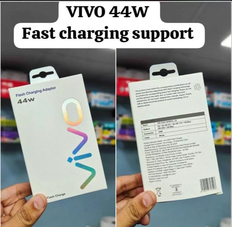VIVO Fast Charger with sleek design and 44W output, perfect for quick charging of devices, available at SHRIRAM MOBILE in Ash