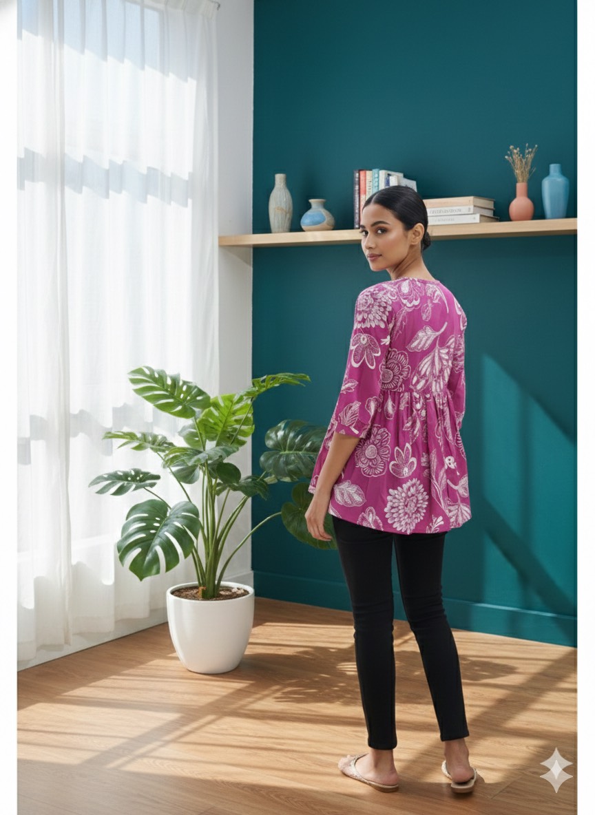 Stylish purple Pappu Top with floral print showcasing vibrant colors, perfect for modern and ethnic fashion in Jaipur. - Image 1