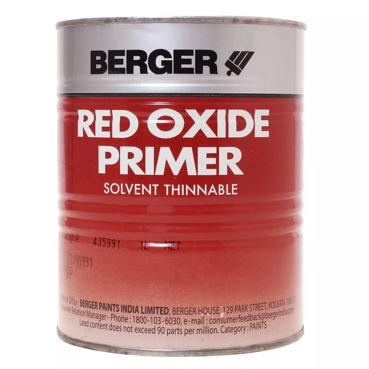 Berger Red Oxide Primer in Imphal — a solvent-thinnable primer in a metal can, showcasing its vibrant red color ideal for pro