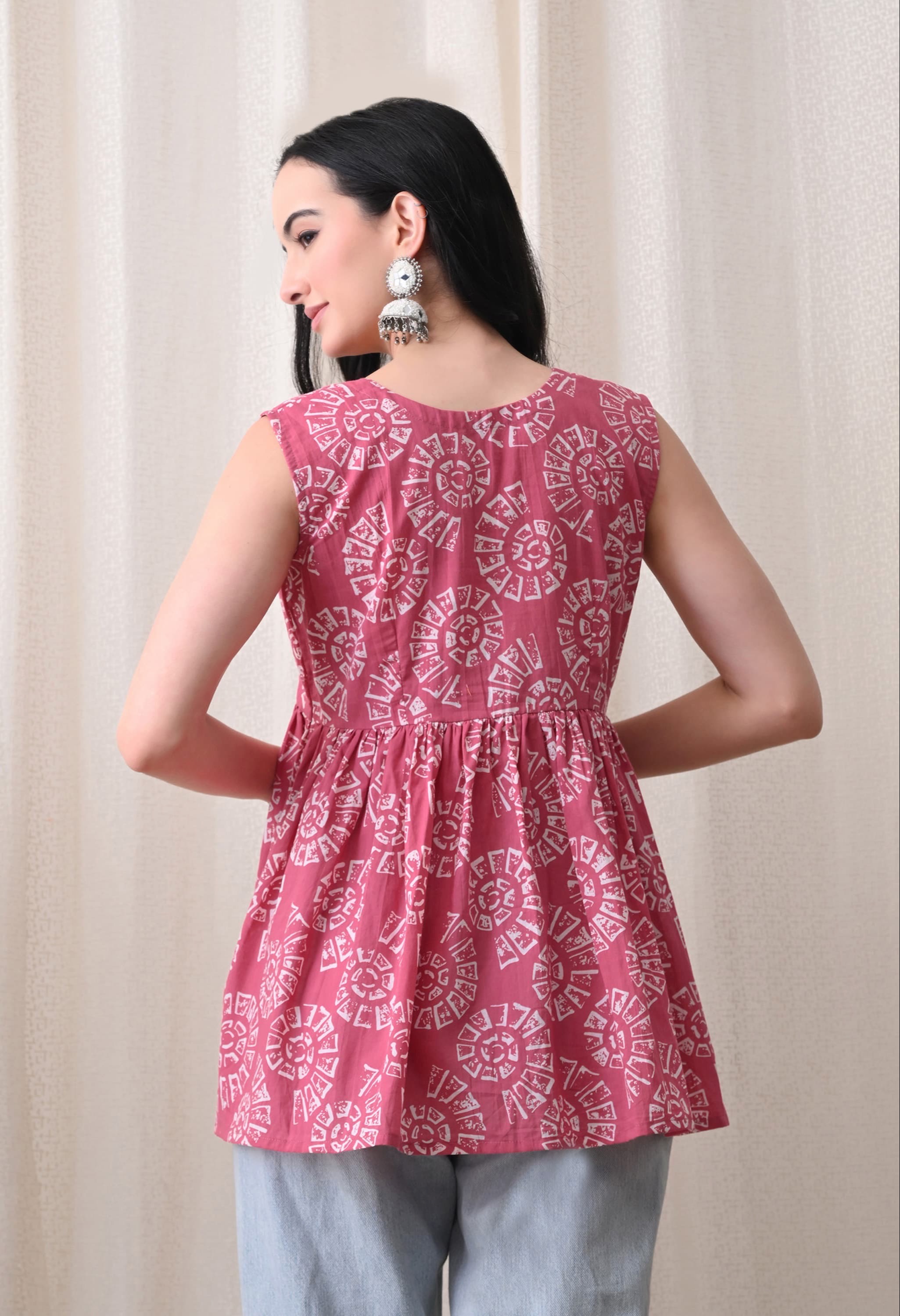Stylish Women's Fashion Peplum Top in Jaipur featuring a chic pink design and geometric print, ideal for modern women. - Image 4