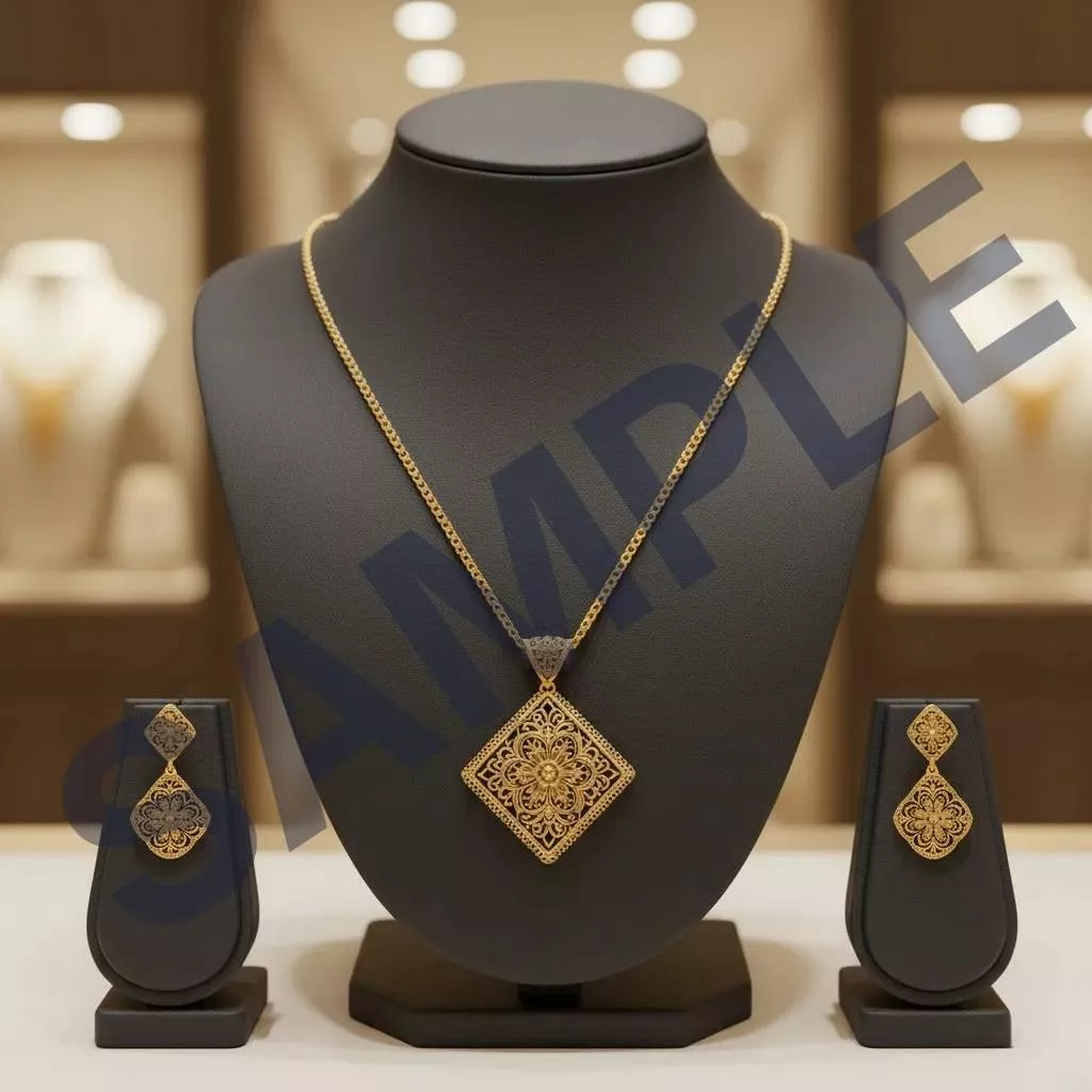Elegant Gold Necklace and Earring Set featuring intricate floral patterns, designed for elegance, displayed in Panchkula.