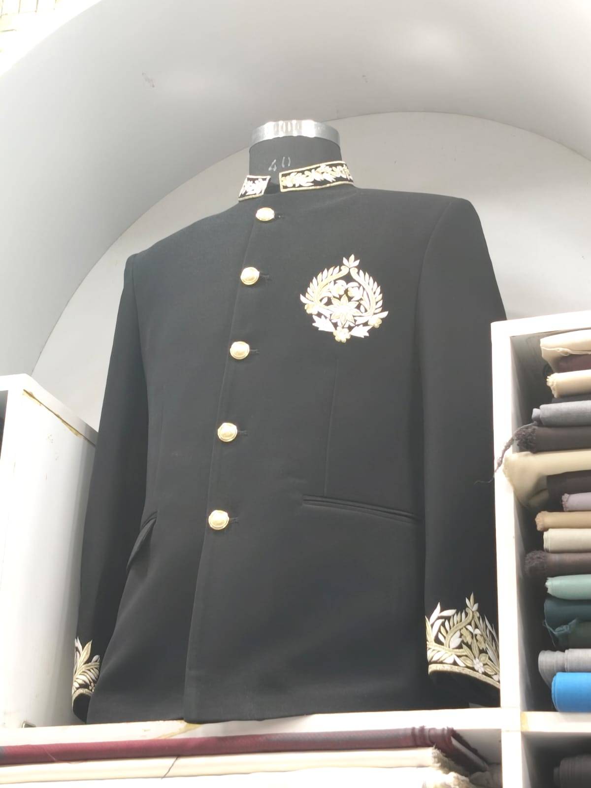 Elegant black Men's Bandhgala Suit with gold embellishments in Chandigarh, designed for formal occasions, showcasing sophisti