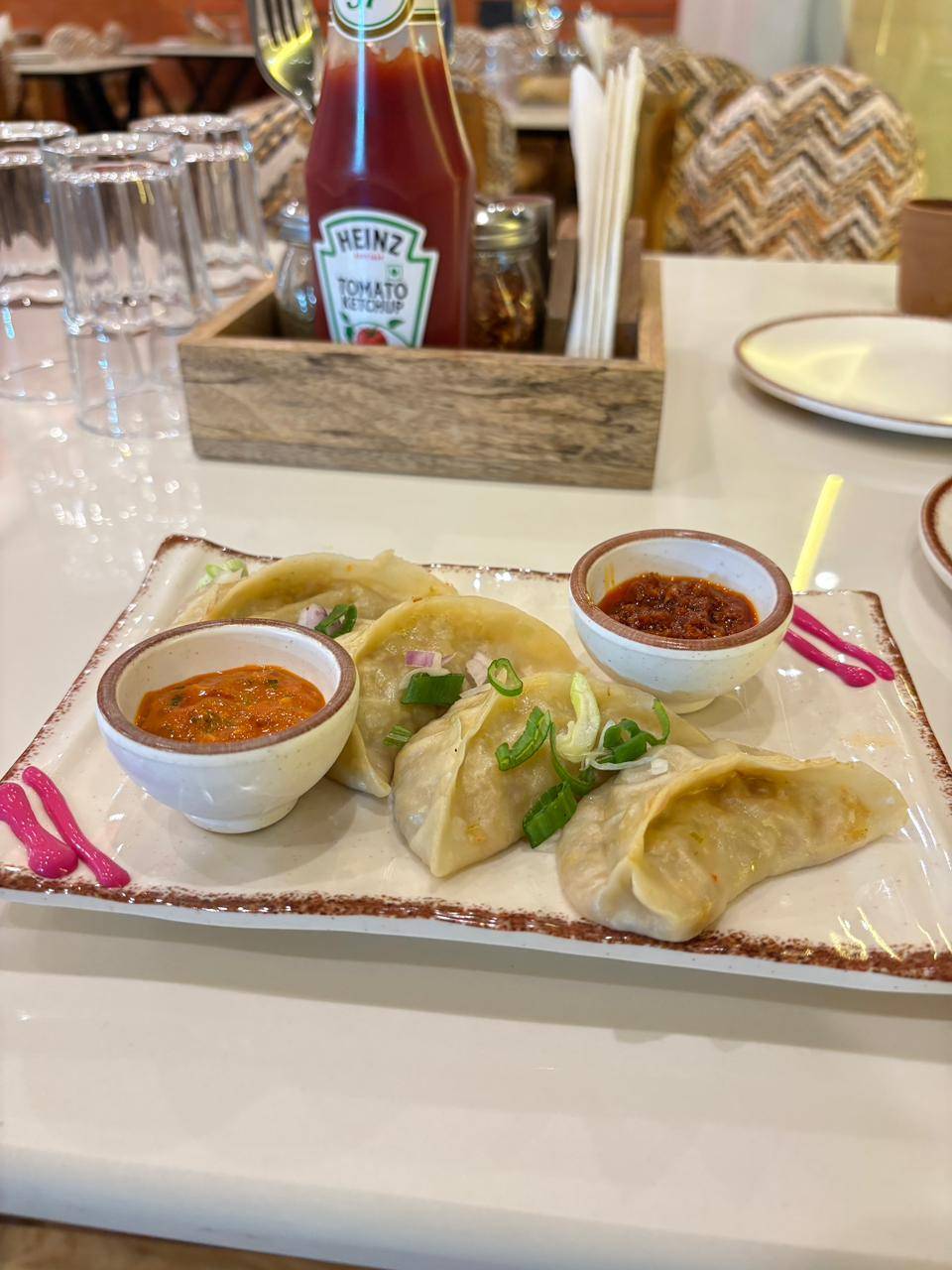 Delicious Vegetable Momos served with dipping sauces at THE FORTRESS CAFE in Dudu — a perfect snack option