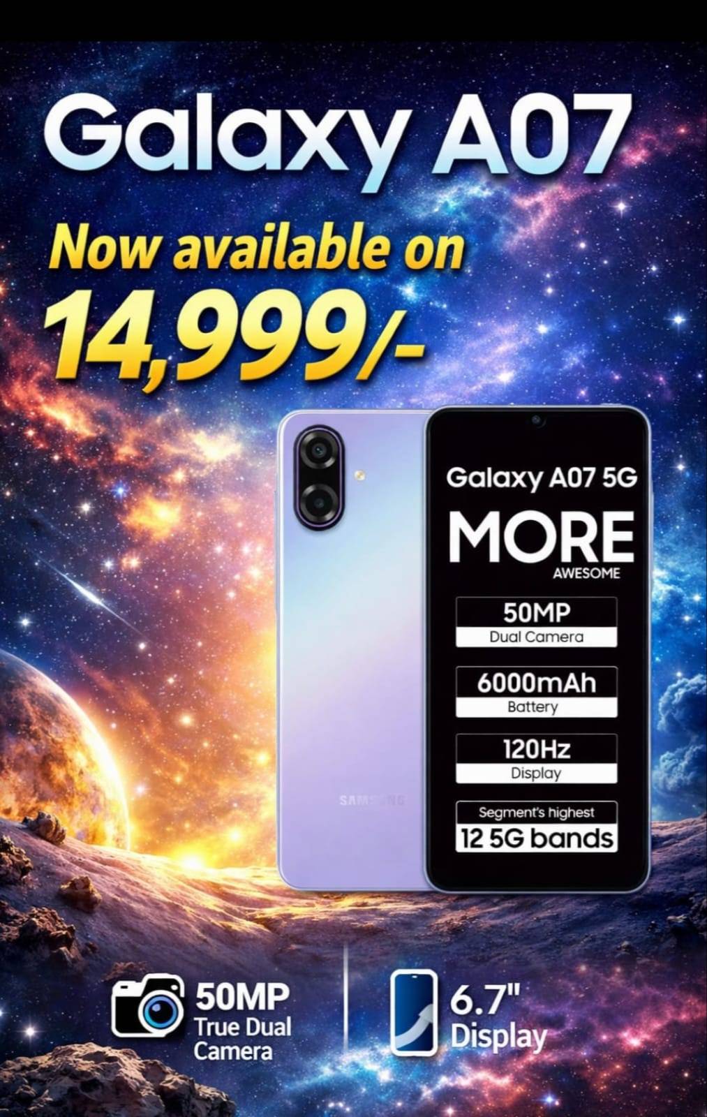 Smartphone Galaxy A07 in KANCHANPUR featuring a 50MP dual camera and a sleek design, showcasing its vibrant display and robus