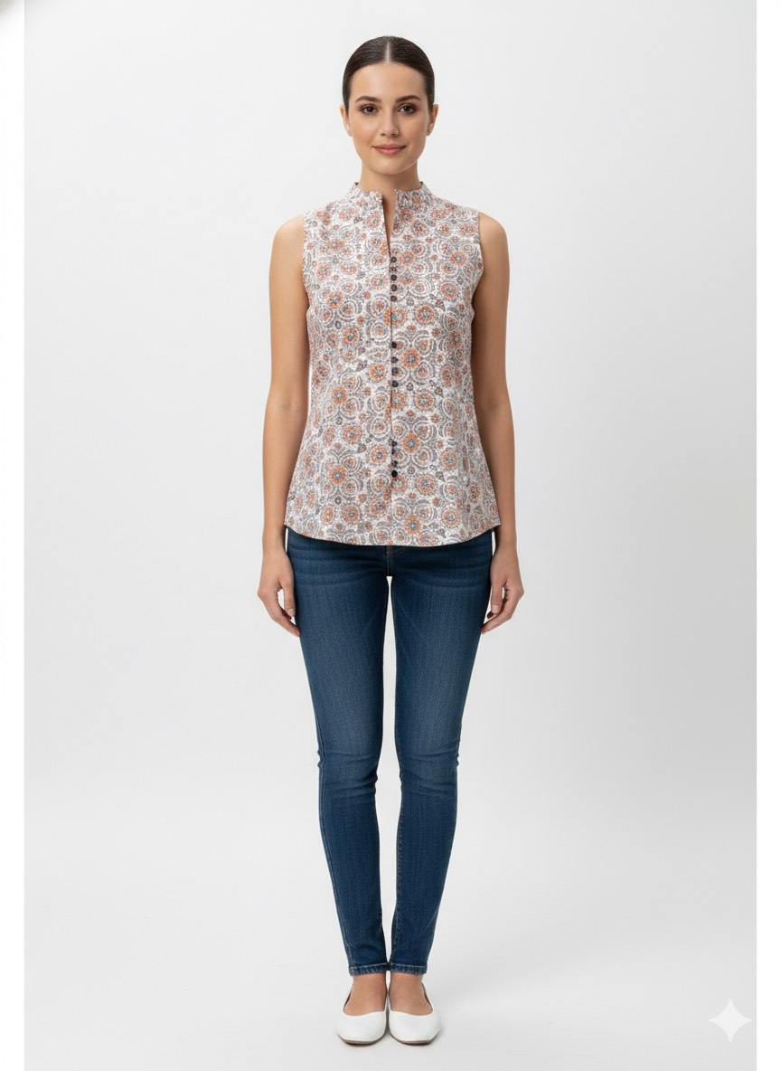 Stylish Urban Ethnic Mandarin Top in Jaipur made from premium cotton fabric, featuring a sleeveless design for a comfortable  - Image 1