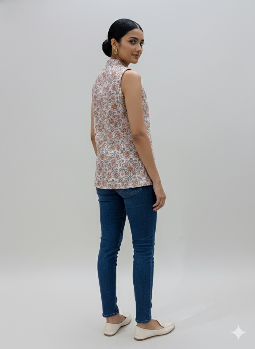 Stylish Urban Ethnic Mandarin Top in Jaipur made from premium cotton fabric, featuring a sleeveless design for a comfortable  - Image 2