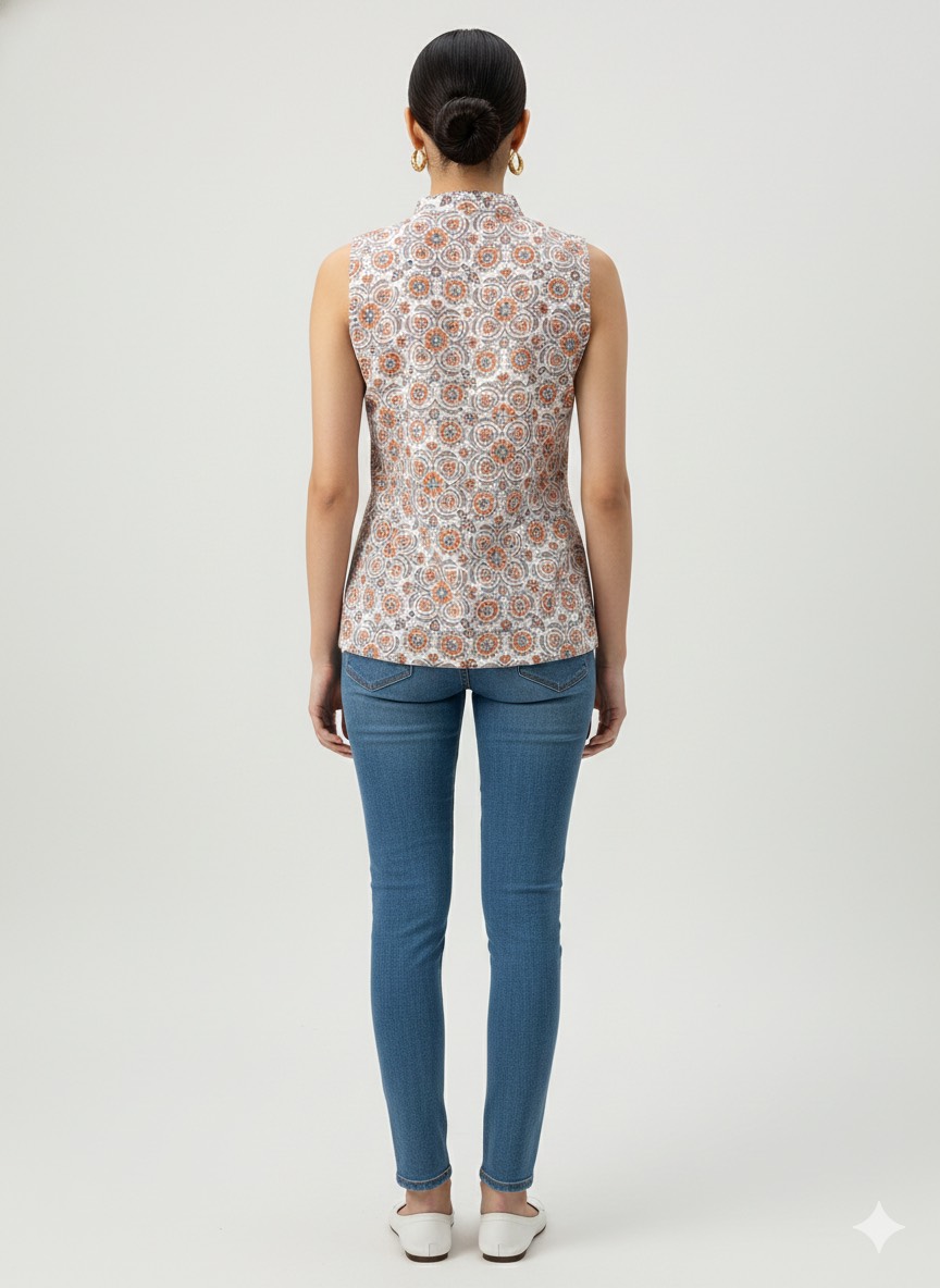 Stylish Urban Ethnic Mandarin Top in Jaipur made from premium cotton fabric, featuring a sleeveless design for a comfortable  - Image 3