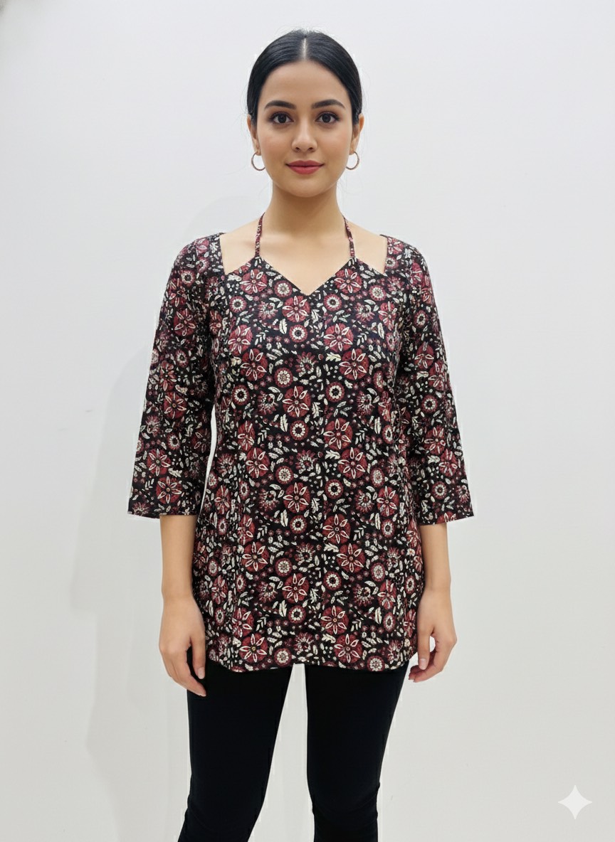 CLICK KART - Women's Kurti Top in Jaipur: Floral Printed V-Neck in JAIPUR