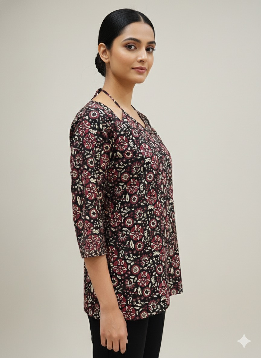Floral printed V-neck cotton kurti top for women in Jaipur — stylish design with 3/4th sleeves. - Image 1