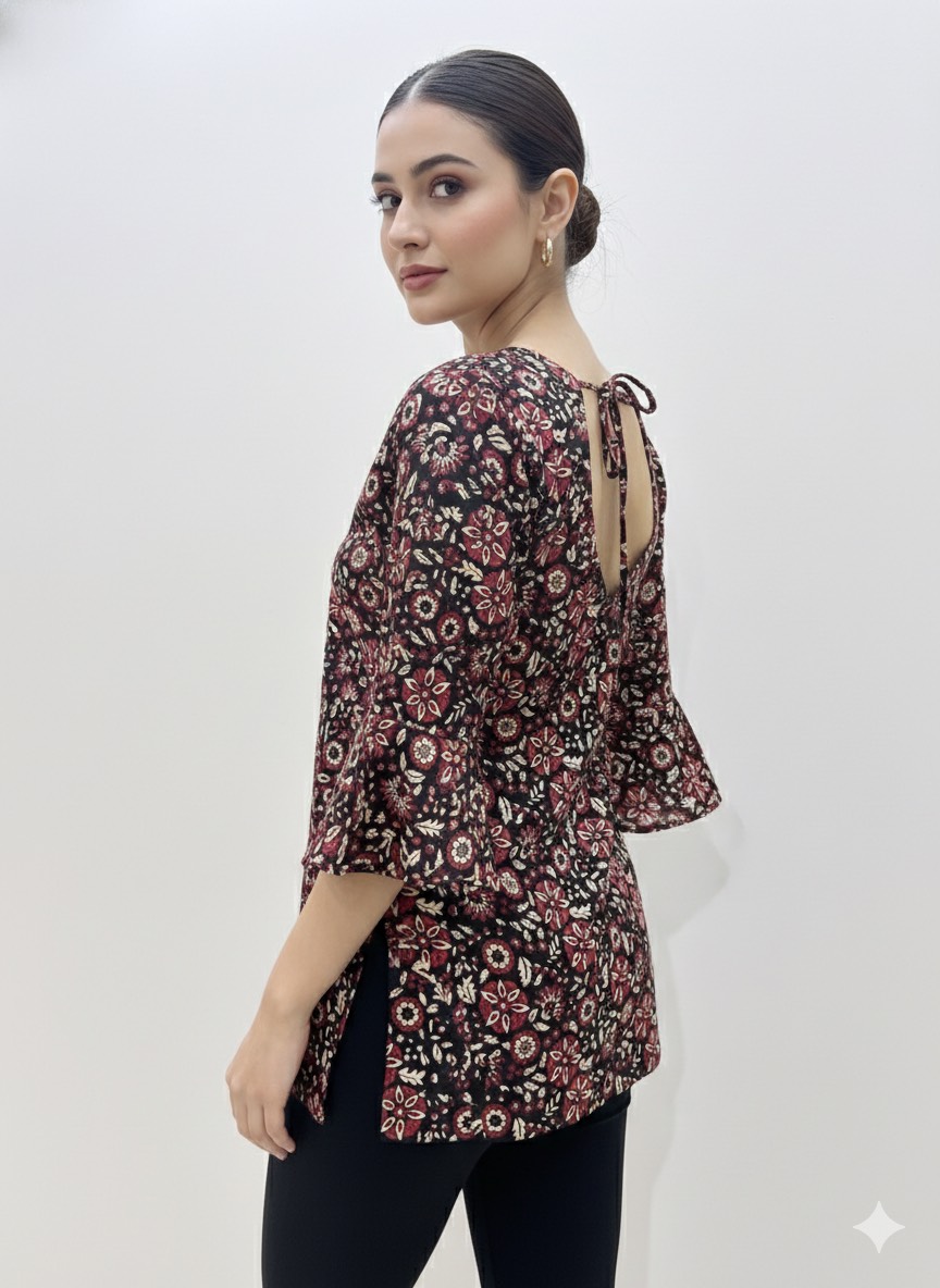 Floral printed V-neck cotton kurti top for women in Jaipur — stylish design with 3/4th sleeves. - Image 2