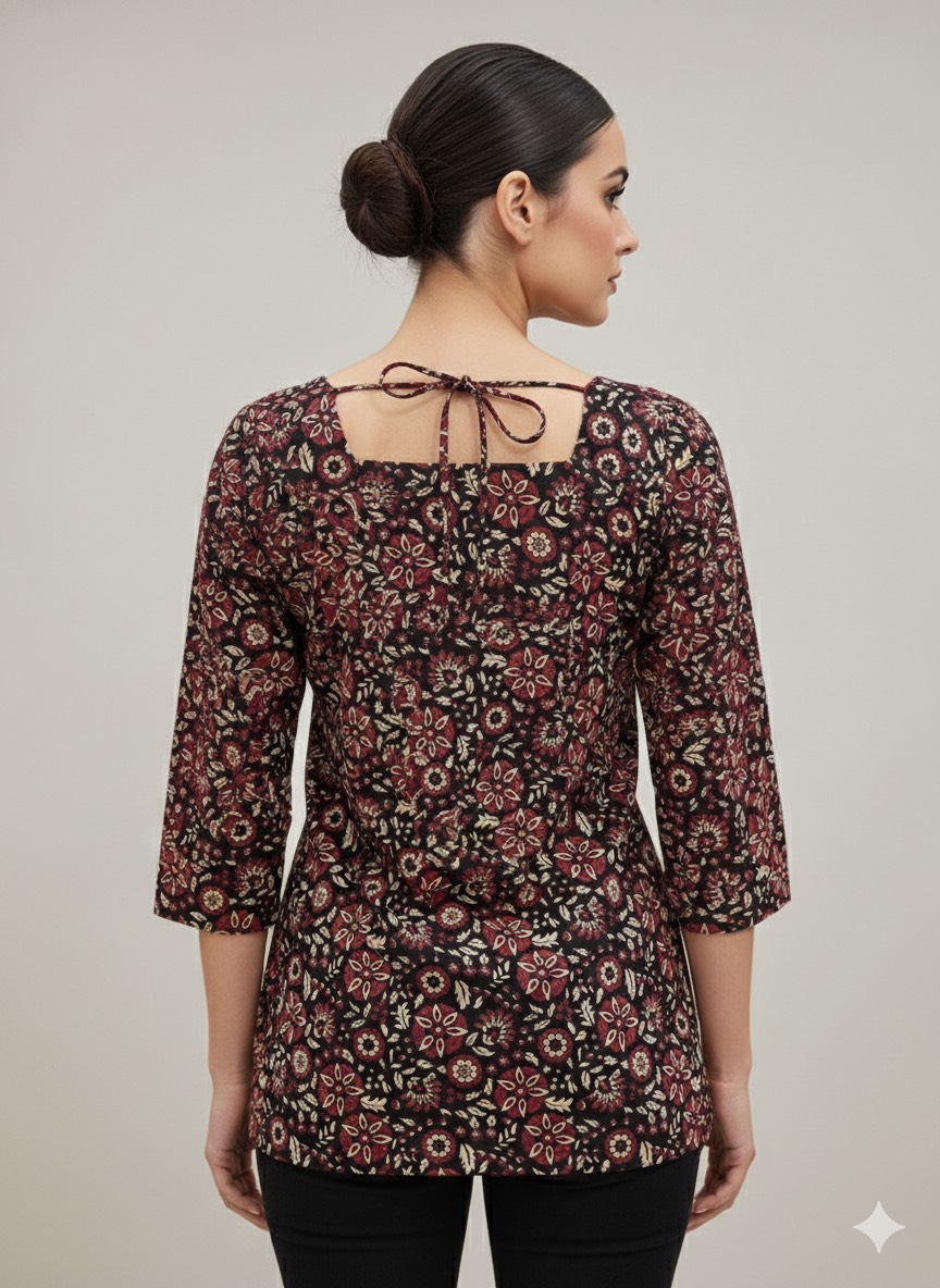 Floral printed V-neck cotton kurti top for women in Jaipur — stylish design with 3/4th sleeves. - Image 3