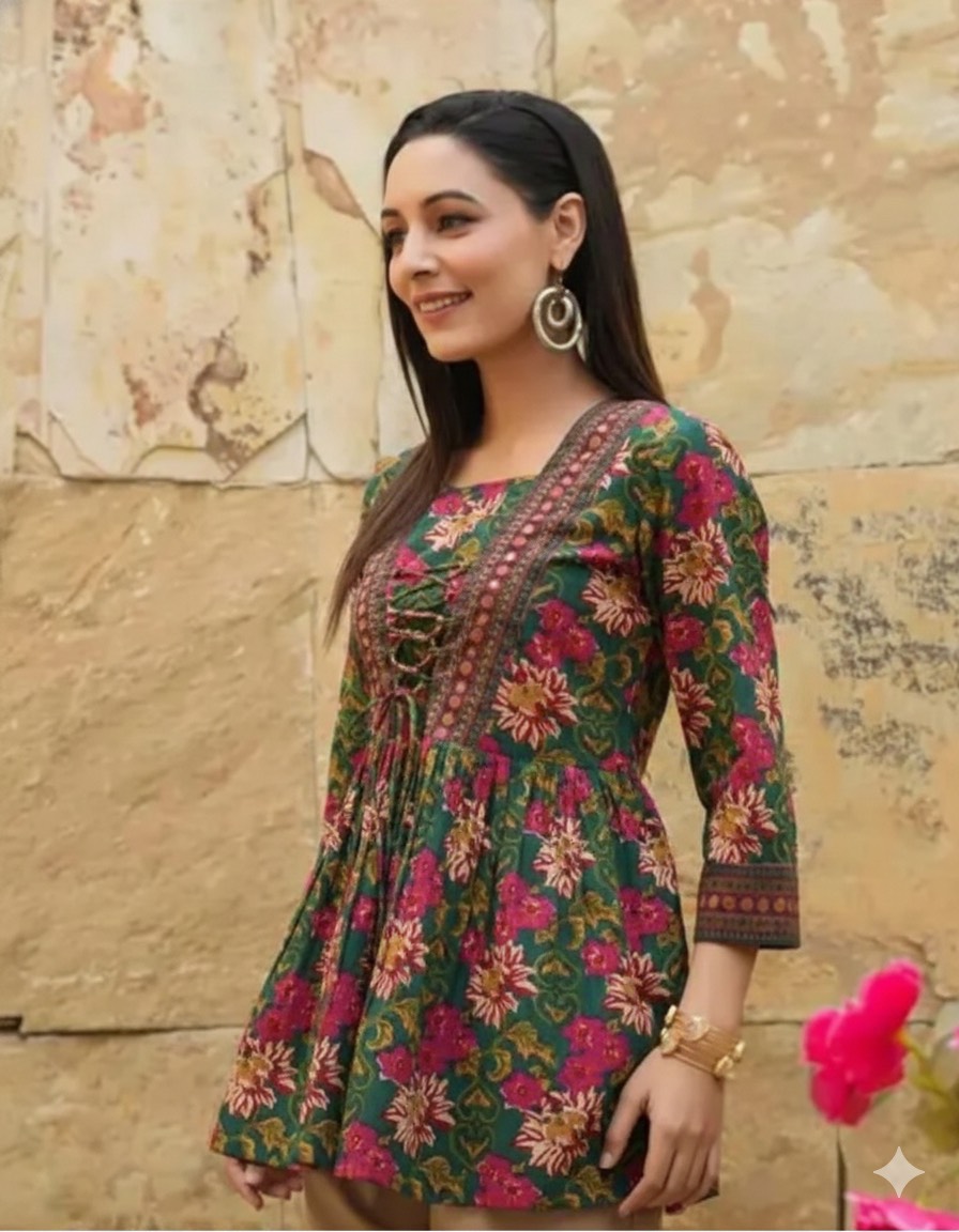 Trendy Floral Printed Peplum Kurti with gathered waist in Jaipur, showcasing elegant floral patterns and a stylish design. - Image 1
