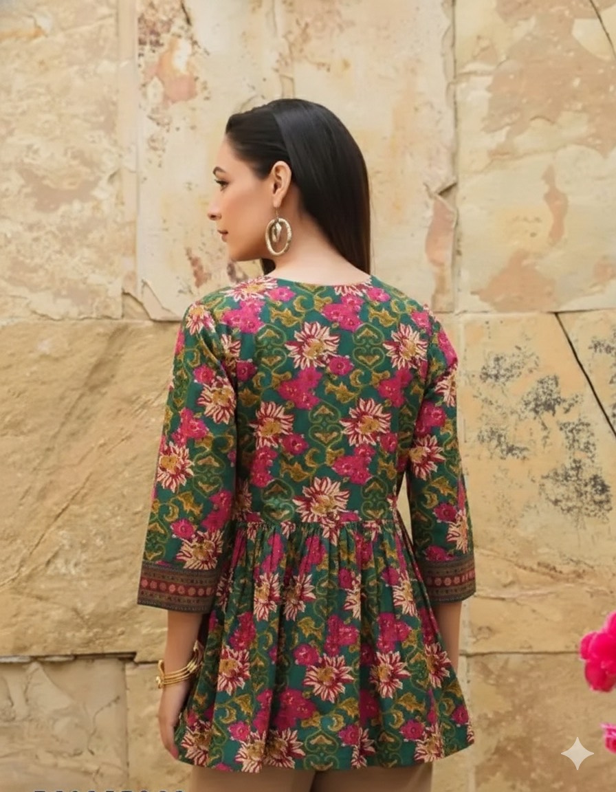 Trendy Floral Printed Peplum Kurti with gathered waist in Jaipur, showcasing elegant floral patterns and a stylish design. - Image 2