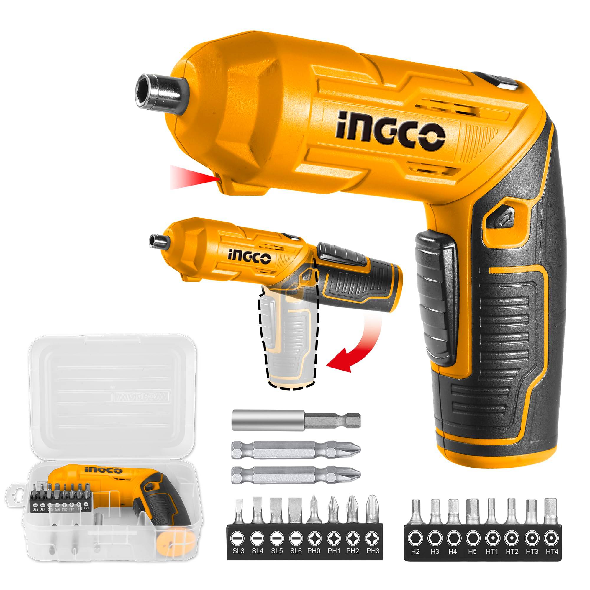 Portable INGCO Cordless Screwdriver Set with adjustable handle and multiple bits, ideal for DIY tasks — NATHDWRA