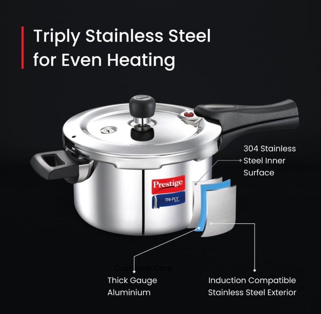 Prestige Tri-Ply Pressure Cooker featuring a spill-proof Svachh lid, ideal for efficient cooking in Mangalore. - Image 1