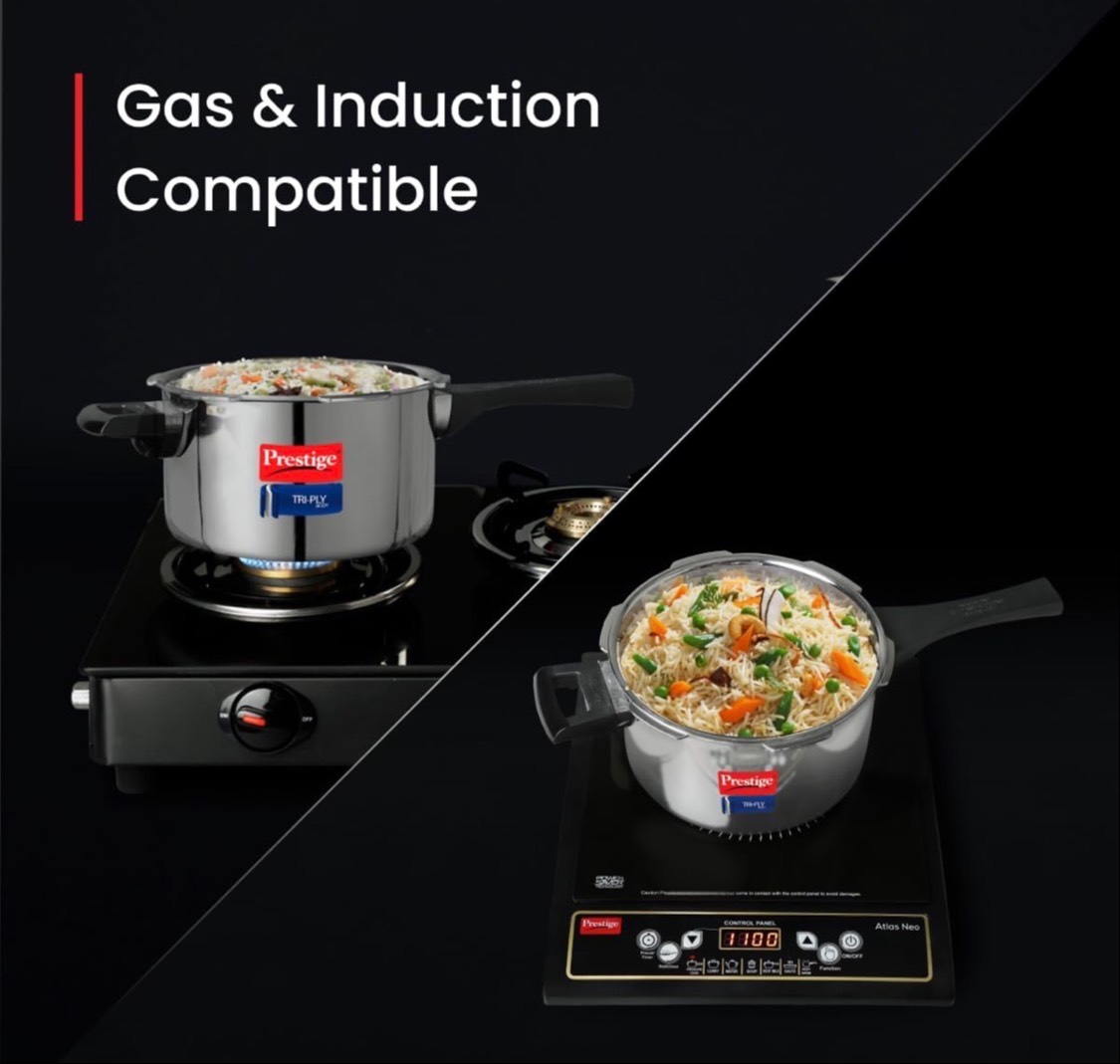 Prestige Tri-Ply Pressure Cooker featuring a spill-proof Svachh lid, ideal for efficient cooking in Mangalore. - Image 3