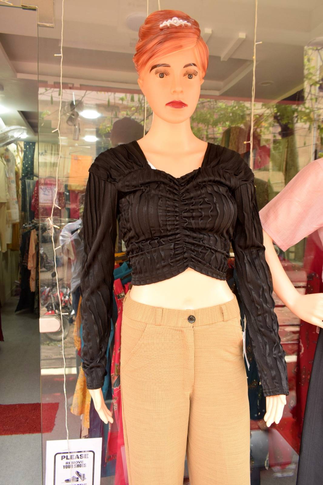 Trendy ruched black crop top with long sleeves displayed in a stylish setting — Fashion/Ruched Black Crop Top in GORAKHPURMP