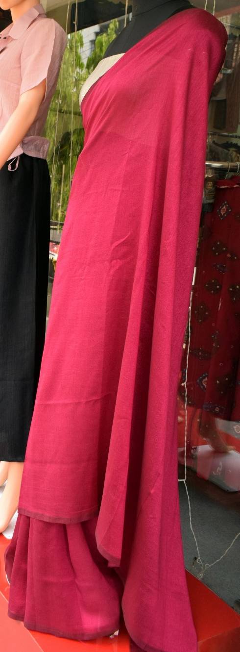 Elegant deep wine Vichitra Silk Saree draped gracefully, showcasing luxurious silk texture — Vichitra Silk Saree in Gorakhpur - Image 1