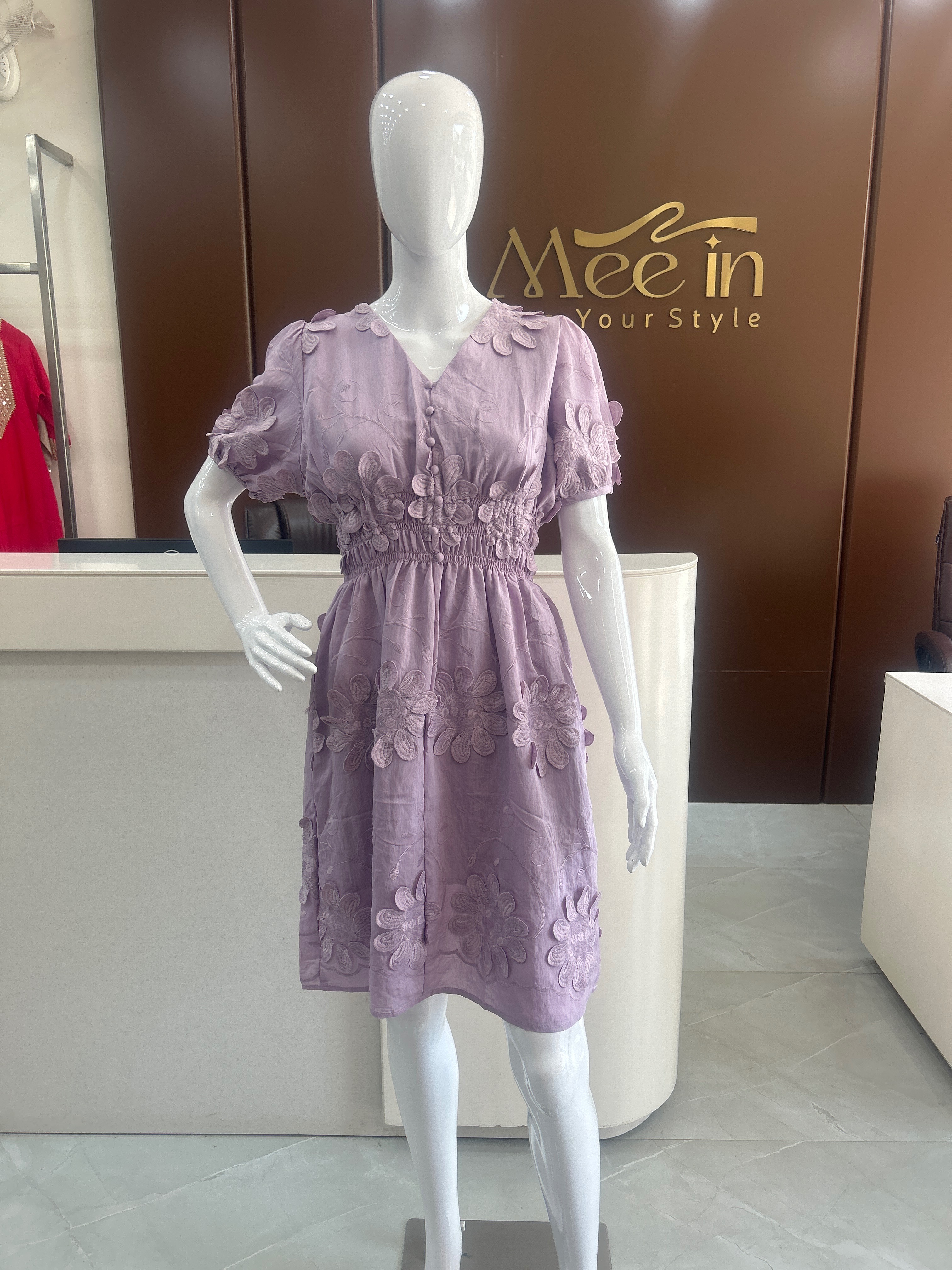 MEE IN - Women's Dresses: Lilac Embroidered Midi Dress JABALPUR in JABALPUR