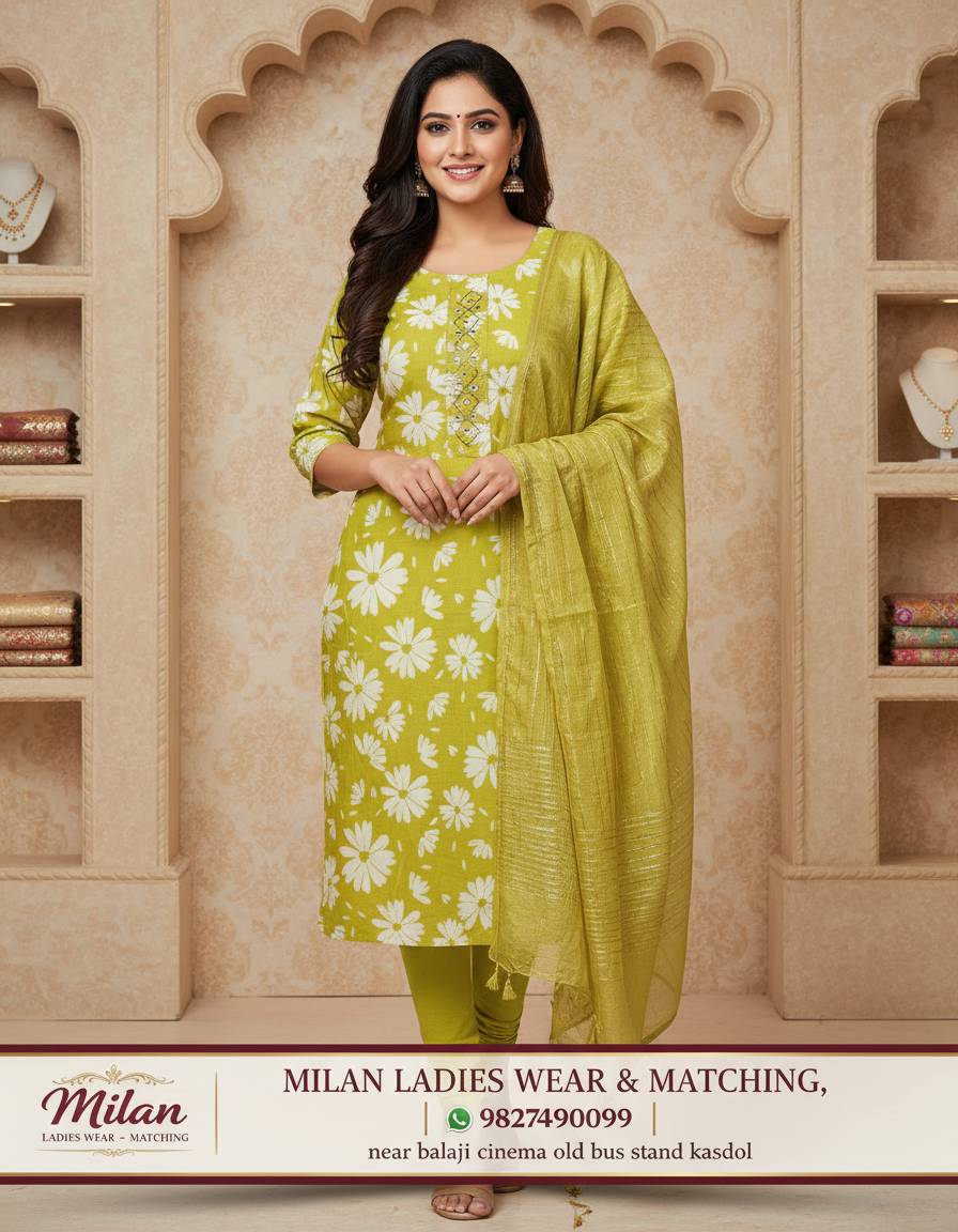 Floral printed straight kurti set in vibrant Mehendi Green color with elegant design, available at Milan Ladies Wear in Balod