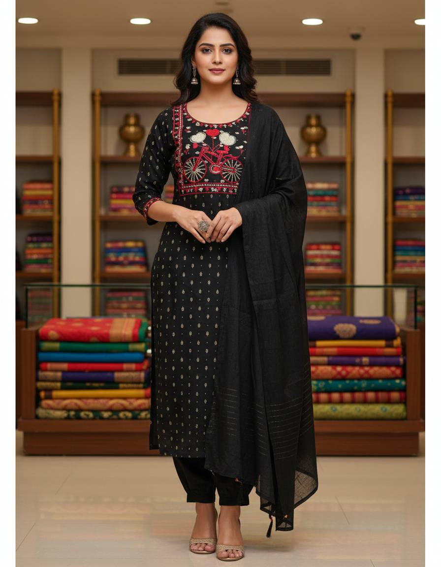 Milan Ladies Wear Straight Kurti with Pent n Dupatta featuring elegant embroidery work, showcasing a stylish design ideal for