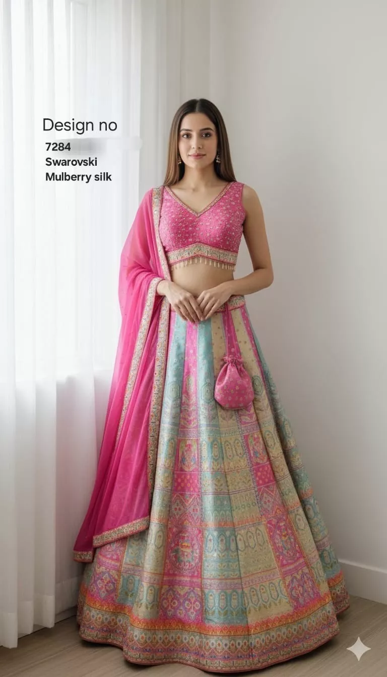 Elegant mulberry silk lehenga with intricate Swarovski work, featuring vibrant colors in Hyderabad — a stunning choice for sp