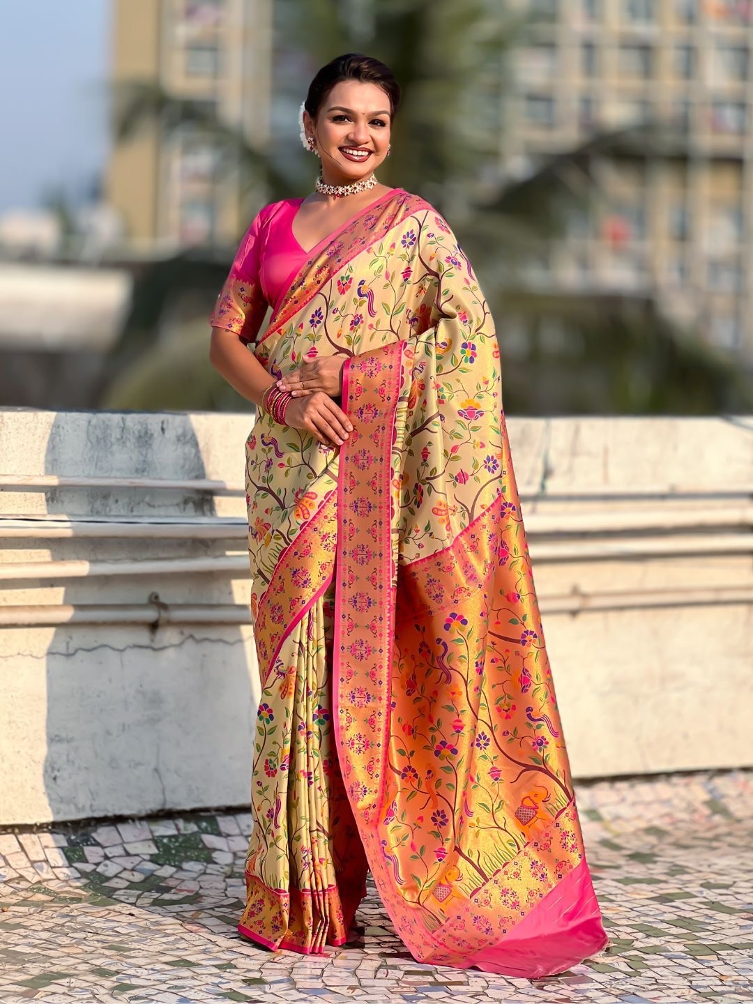 Elegant Allover Tishu Paithani fabric in vibrant colors, showcasing intricate designs, available at KALANSHUK in YEOLA.