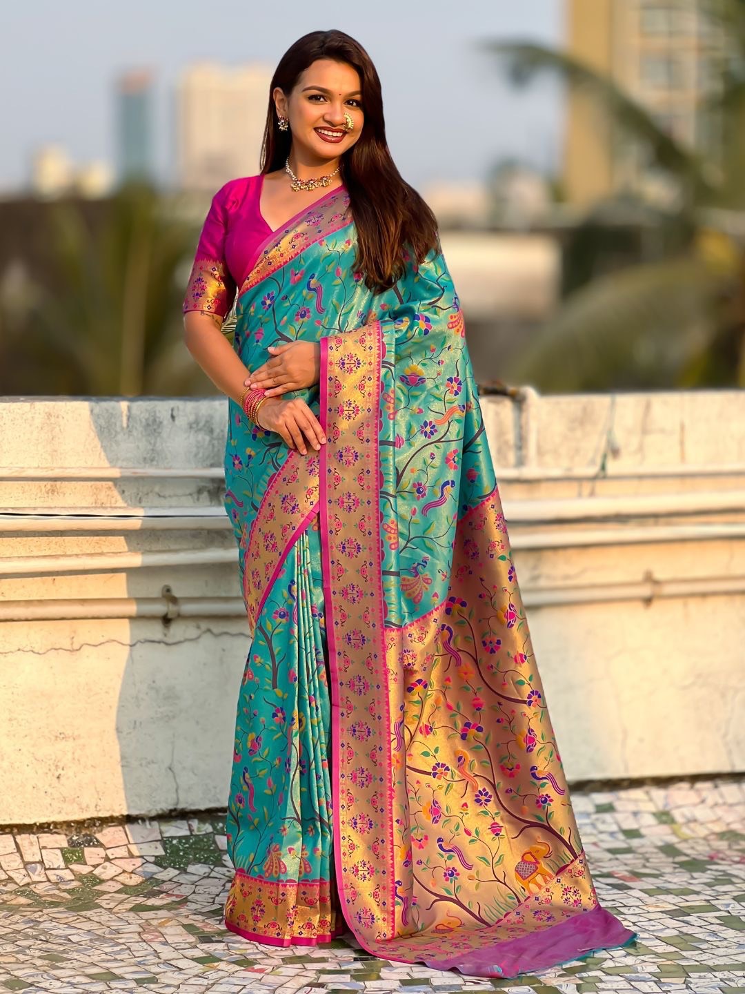 Elegant Allover Tishu Paithani fabric in vibrant colors, showcasing intricate designs, available at KALANSHUK in YEOLA. - Image 1