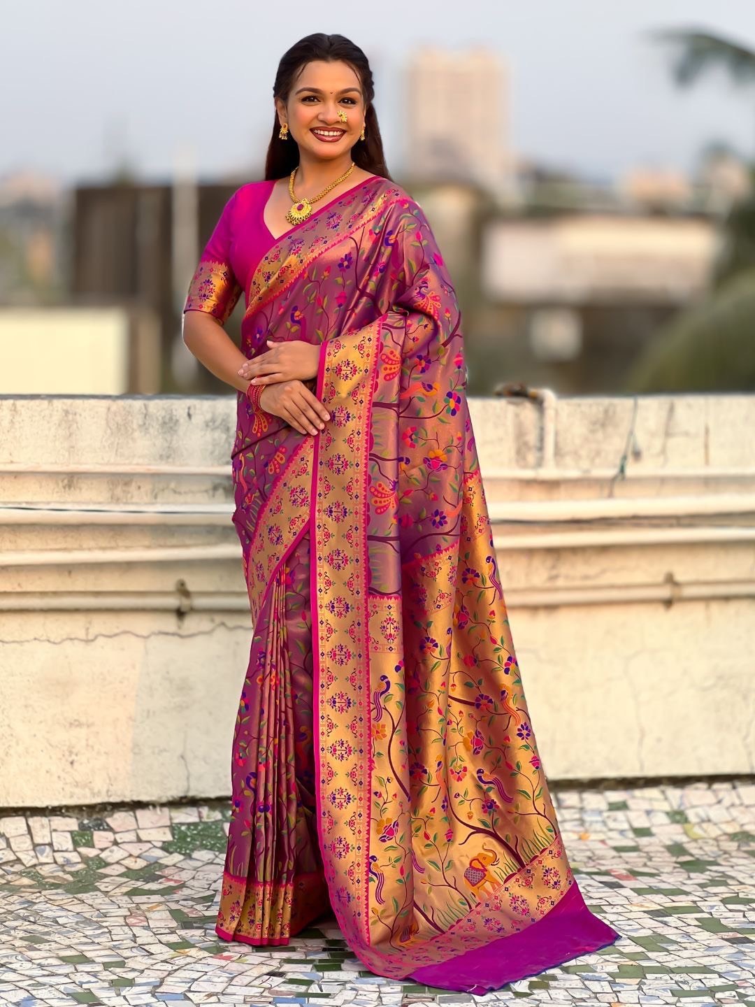Elegant Allover Tishu Paithani fabric in vibrant colors, showcasing intricate designs, available at KALANSHUK in YEOLA. - Image 3