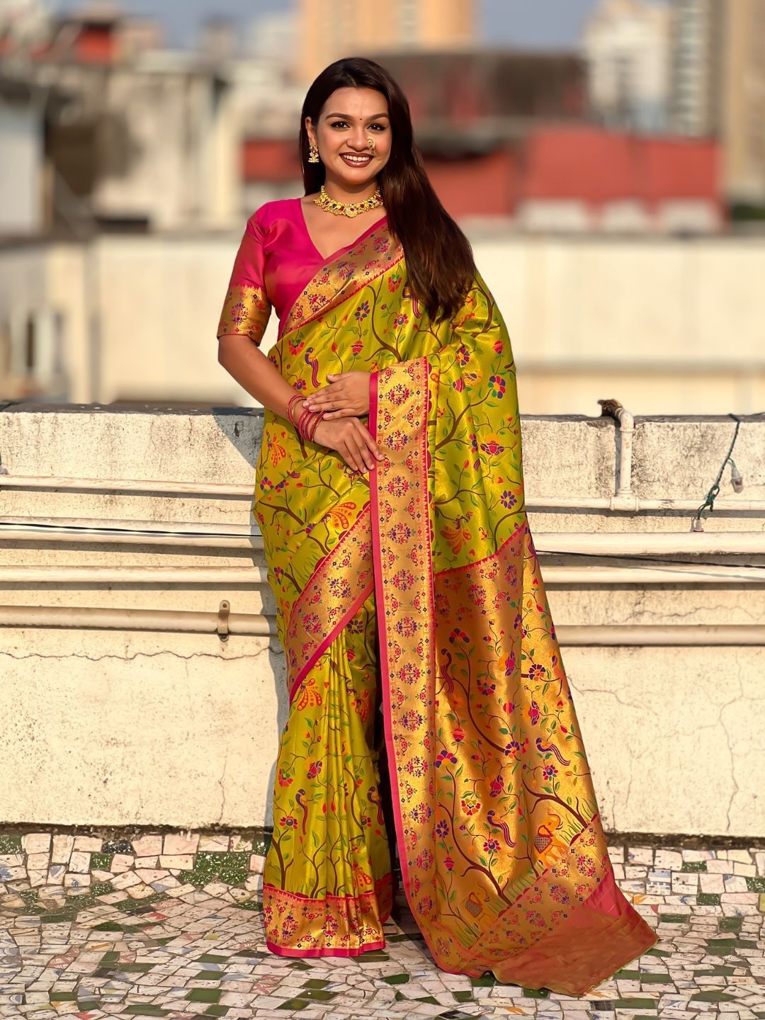Elegant Allover Tishu Paithani fabric in vibrant colors, showcasing intricate designs, available at KALANSHUK in YEOLA. - Image 4