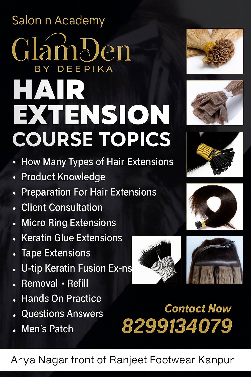 Hands-on hair extensions course at GlamDen in Kanpur, featuring various techniques like micro ring and keratin glue applicati