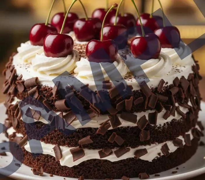 Rich Black Forest Cake with layers of cream and cherries, presented on a white plate in BABAIN.