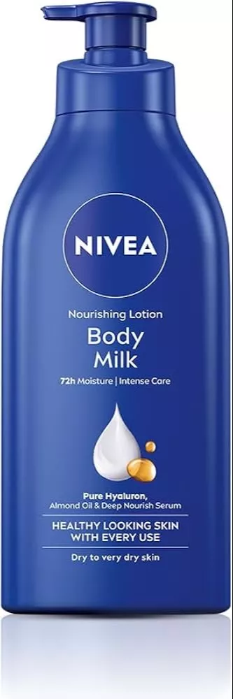 Nivea Body Milk in AMBALA CITY — a moisturizing lotion designed for dry skin, featuring a sleek bottle with a blue cap.
