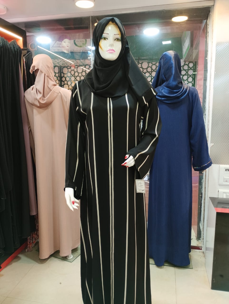 Elegant Party Wear Imported Abaya with White Stripes displayed in Mangalore
