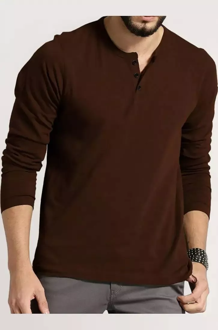 Brown long-sleeve Men's Henley T-Shirt with buttoned placket, available in Pamidi.