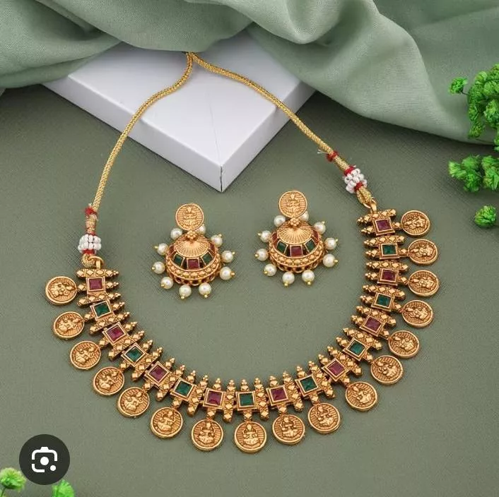 Stunning gold-plated Jewelry/Necklace Set with intricate coin motifs and matching earrings, displayed elegantly in PALWANCHA. - Image 1