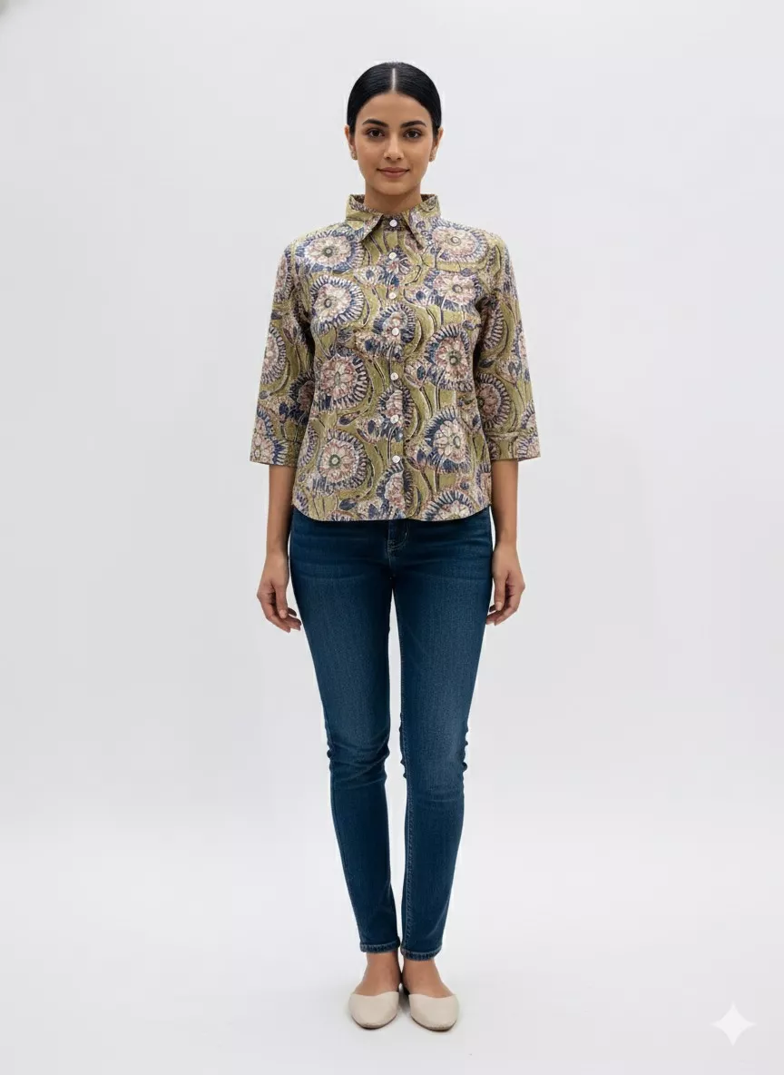CLICK KART - Floral Printed Mandarin Collar Cotton Shirt Top Jaipur in JAIPUR