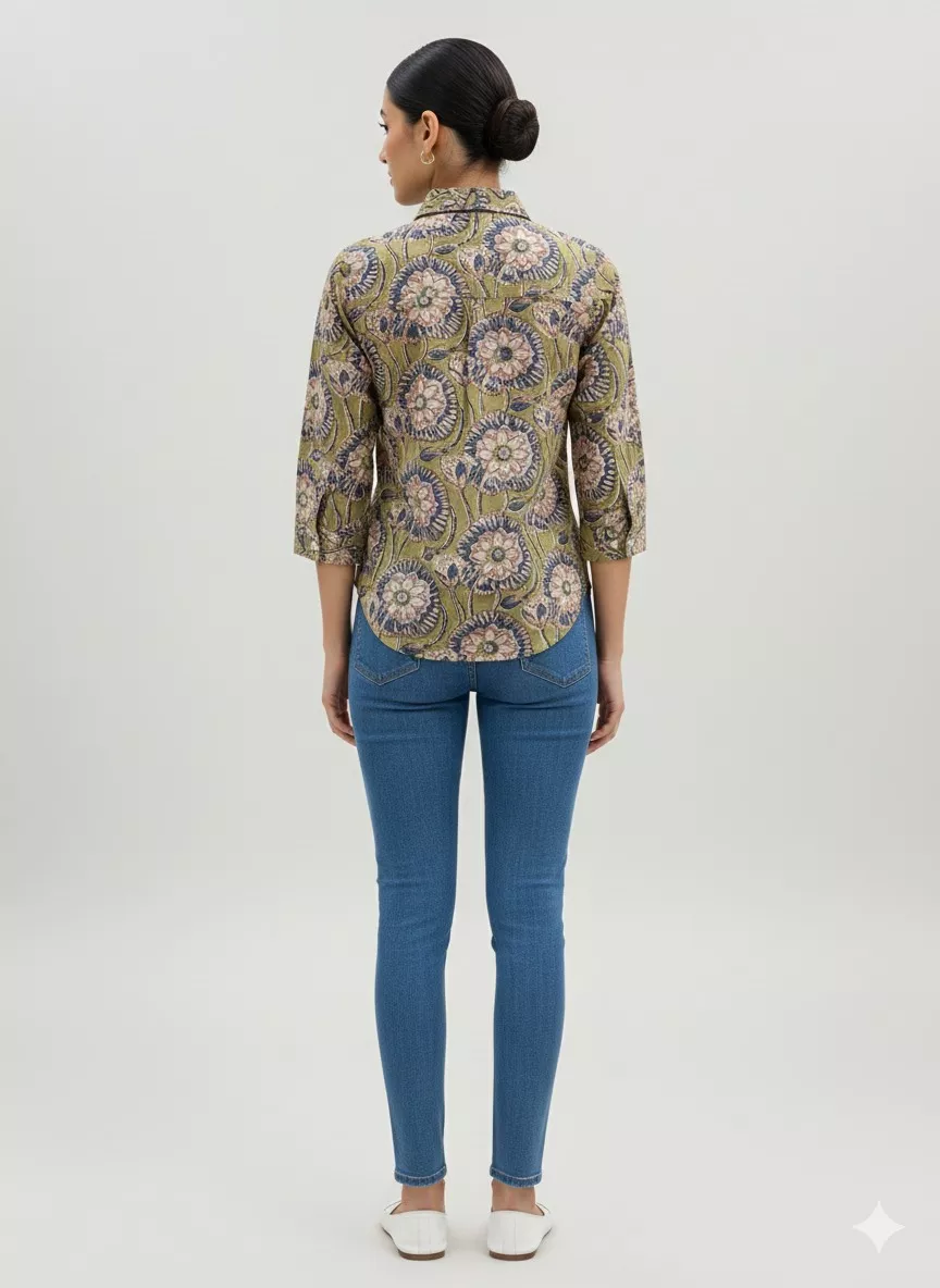 Floral Printed Mandarin Collar Cotton Shirt Top in Jaipur features a floral design, mandarin collar, and button-down style, i - Image 1