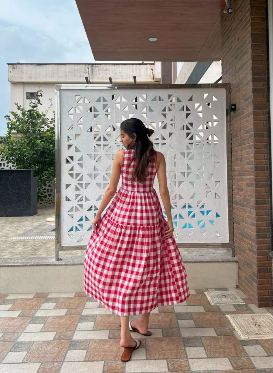 Checkered Sleeveless Tiered Maxi Dress in Jaipur with a vibrant pattern and flowy tiers, ideal for summer fashion. - Image 1