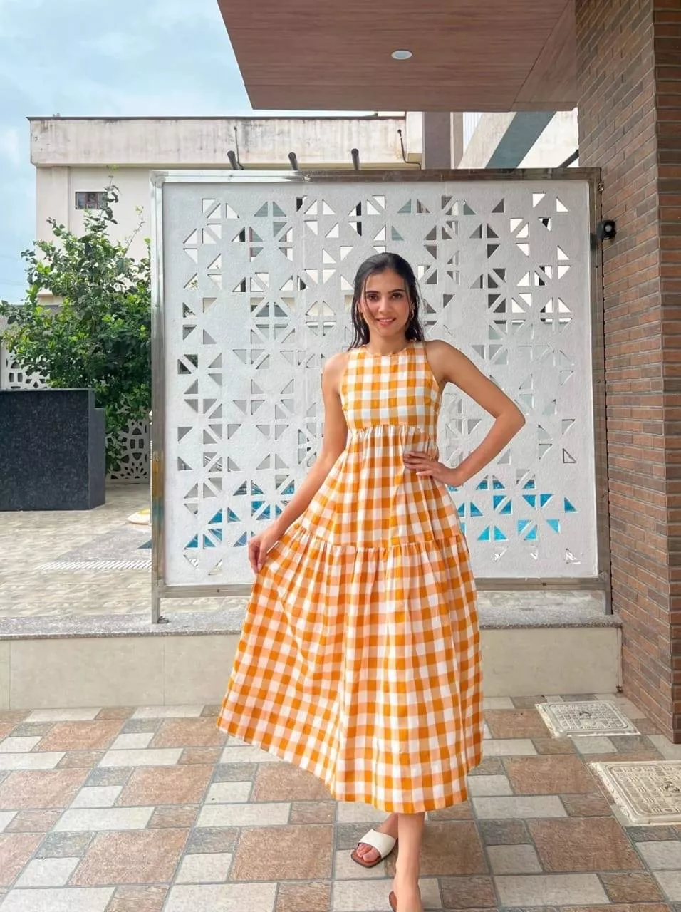 CLICK KART - Sleeveless Checkered Tiered Dress in Jaipur in JAIPUR