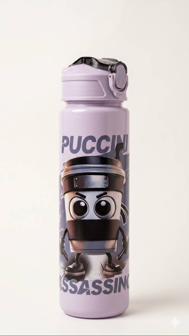 Puccini Assassin Water Bottle displayed prominently in NAVYUG ENTERPRISES, Amritsar, showcasing its vibrant design. - Image 1