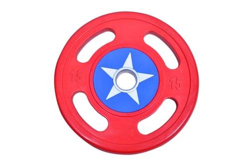 Colorful Captain America weight plate in red and blue, showcasing superhero design, available at KUN INTERNATIONAL Meerut.