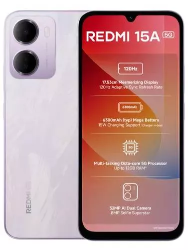 Redmi 15A 5G smartphone in Amaze Purple, featuring sleek design and vibrant display, available at LOVE MOBILES in Dharmapuri.