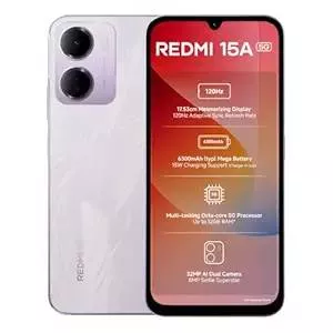 Redmi 15A 5G smartphone in Amaze Purple color, showcasing a sleek design, large display, and high-end features, available in 